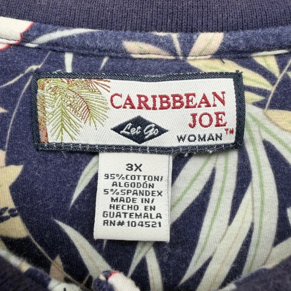 Caribbean Joe Polo Shirt Women 3X Navy Blue Tropical Floral Cotton Resort Casual - Picture 5 of 7